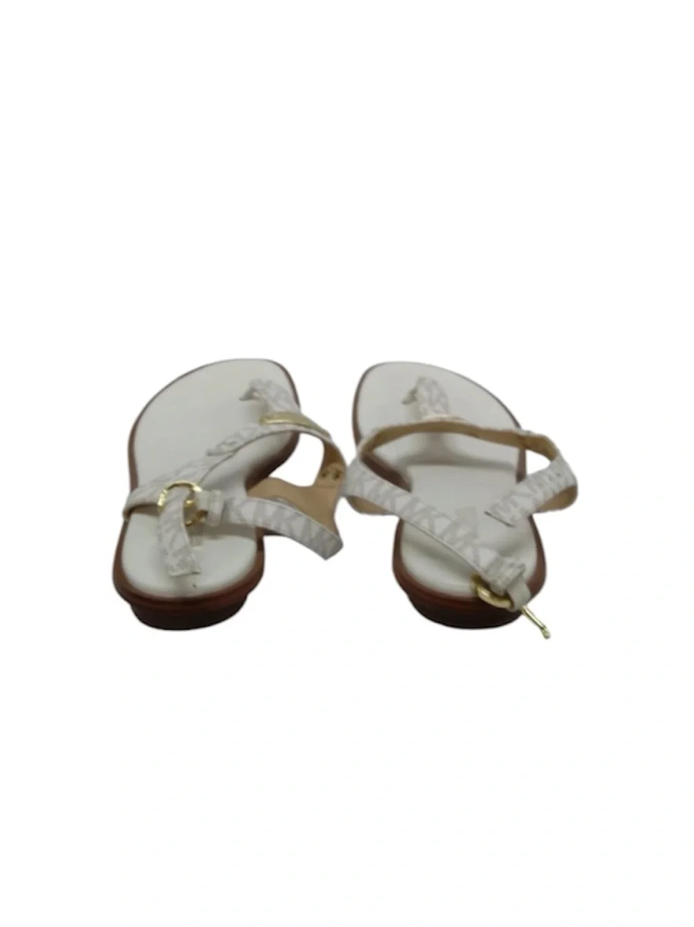 Michael Kors White Logo T-Strap Thong Sandals with Gold Accents